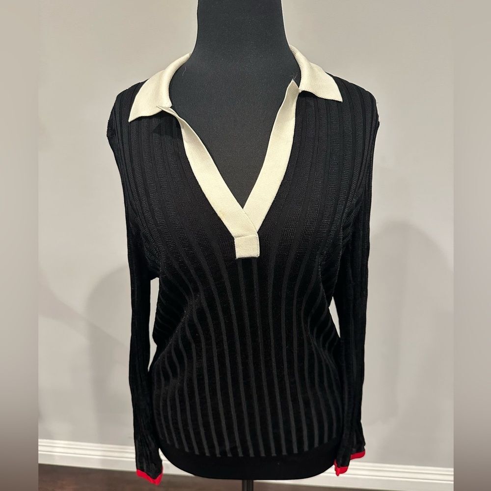 Gerard Darel Long Sleeve Collared Blouse Top Black with White &Red Trim size 2